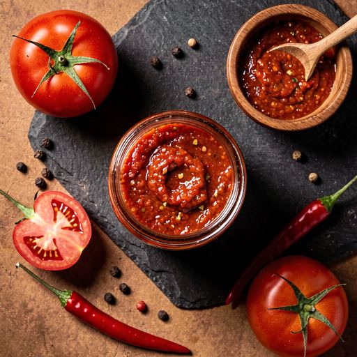 Overhead shot of a glass jar of spicy to