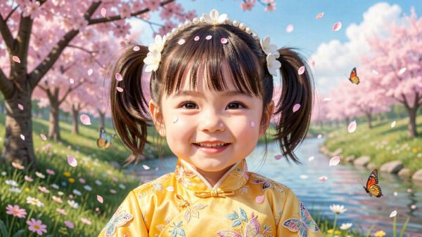 三岁中国小女孩，精致鹅蛋脸，水灵杏眼，长睫毛，粉嫩苹果肌，甜美微笑，黄色绣花齐胸