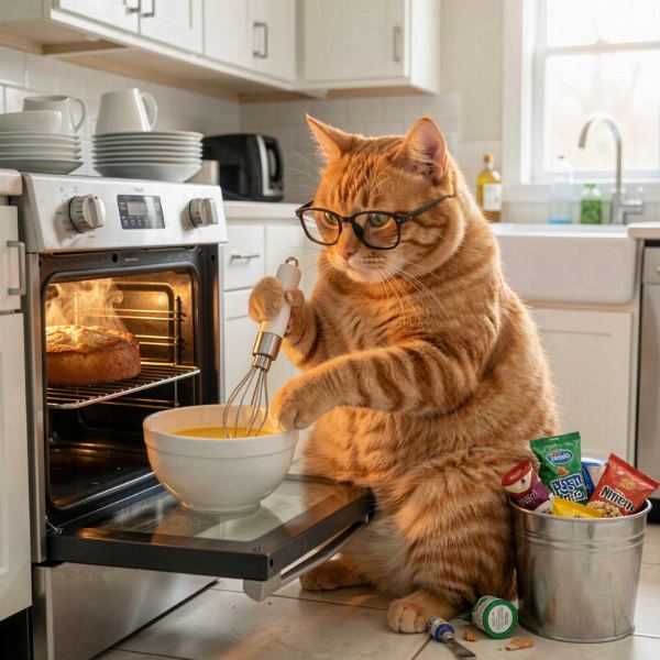 厨房内，肥胖小橘猫忙得不亦乐乎。它戴着一副眼镜，仔细地看着食谱，手中拿着一个打蛋