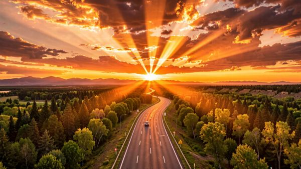 16:9横版构图。以天空为主体的宏大风光取景：新疆独库公路之上，夕阳晚霞中强烈的